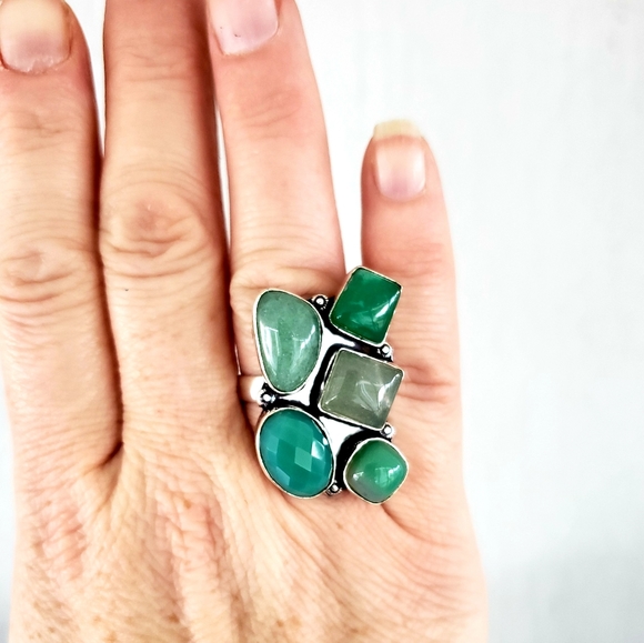 New Huge Chrysoprase & Agate 925 Silver Statement Ring. - Picture 2 of 8